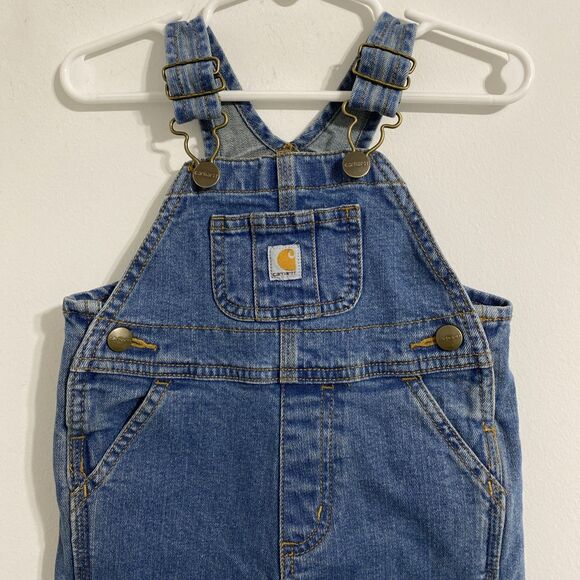 Carhartt Overalls Baby Infant 9 Months Blue Denim Bib Adjustable Strap Snap Leg - Picture 3 of 11